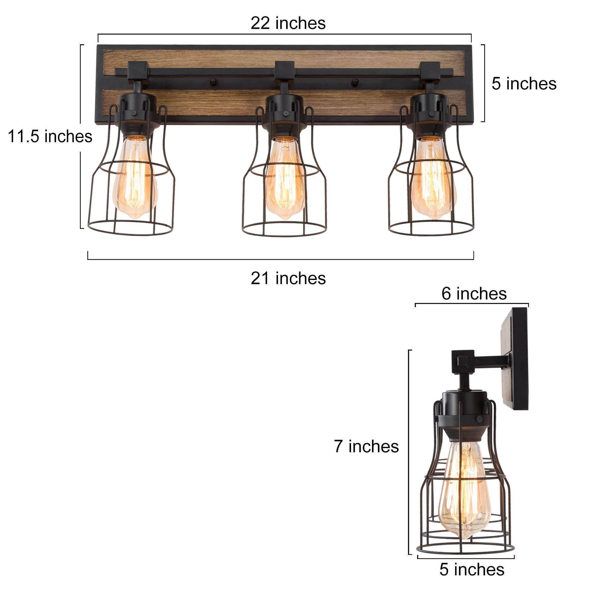 LNC 3-Light Black Geometric Modern Farmhouse Wood Tone Bathroom Vanity Lighting Fixutre