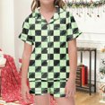 thumbnail image 2 of Odeerbi 2-12 Years Teen Boys Girls Summer Satin Pajamas Notched Lapel Short Sleeve Shirts Shorts Set Soft Loungewear Retro Plaid Print Sleepwear Teen Boys Girls Clothes, 2 of 6