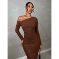 thumbnail image 4 of Brown One Shoulder Ruched Bodycon Midi Dress Long Sleeve, 4 of 30