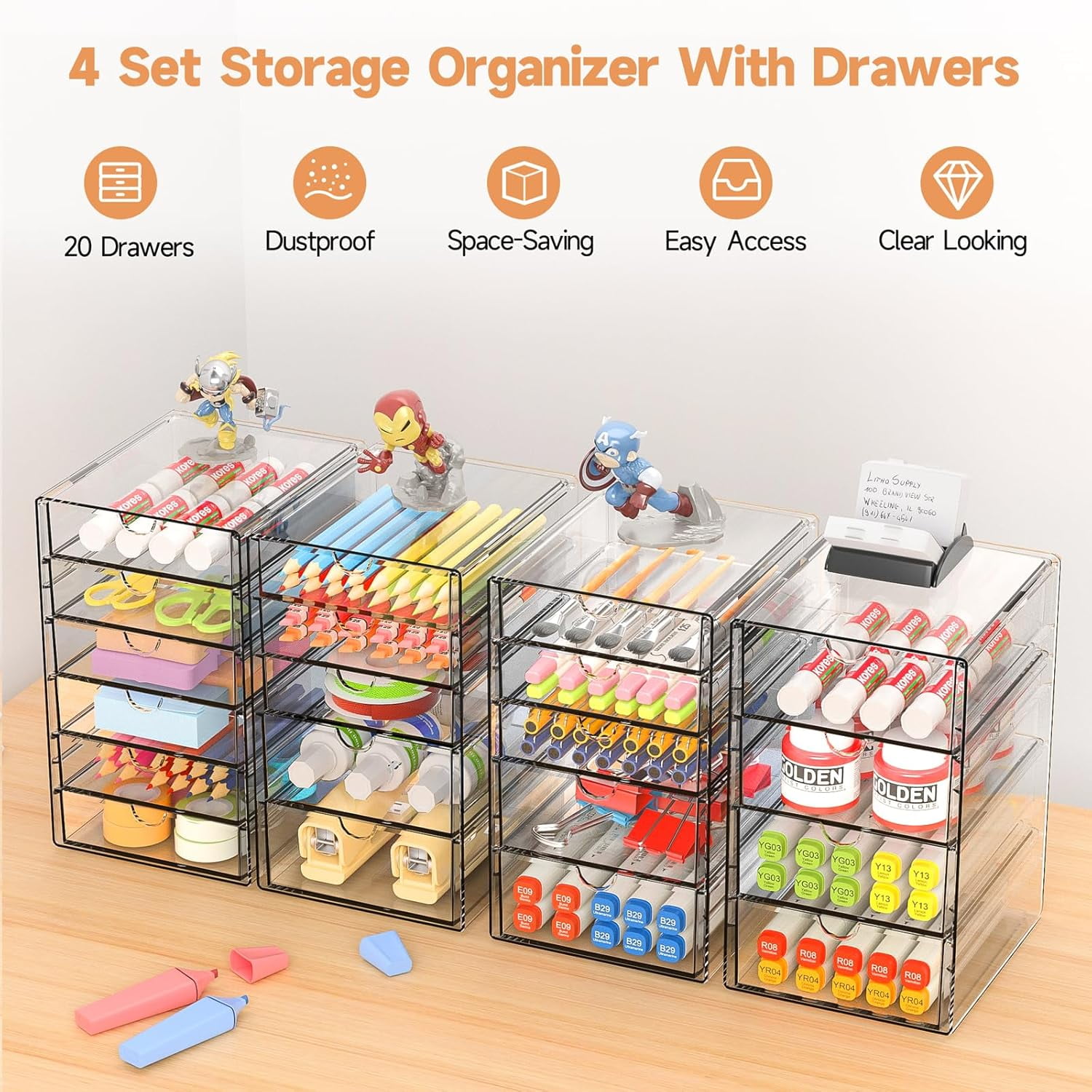 Makeup Drawer Storage Organizer with 20 Drawers, 4 Set Acrylic Office Desk Organization and Storage, Dustproof Drawer Organizer for Office, Countertop, Bathroom, Bedroom