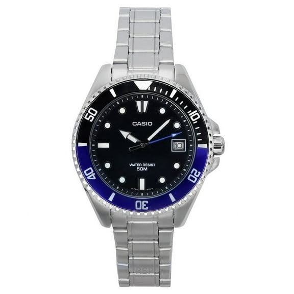 Casio Men’s Stainless Steel Watch with Black Dial and Black-Blue Bezel -