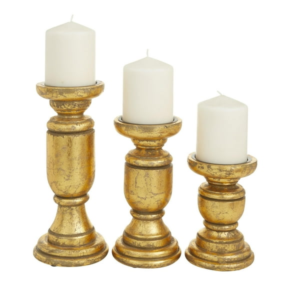 DecMode 3 Candle Gold Mango Wood Turned Style Pillar Candle Holder, Set of 3