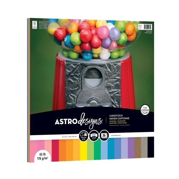 Astrodesigns Cardstock, 18-Color Starter Pack Assortment, 12" x 12", 8.5" x 11", 65 lb./176 gsm, 36 Sheets (91275)