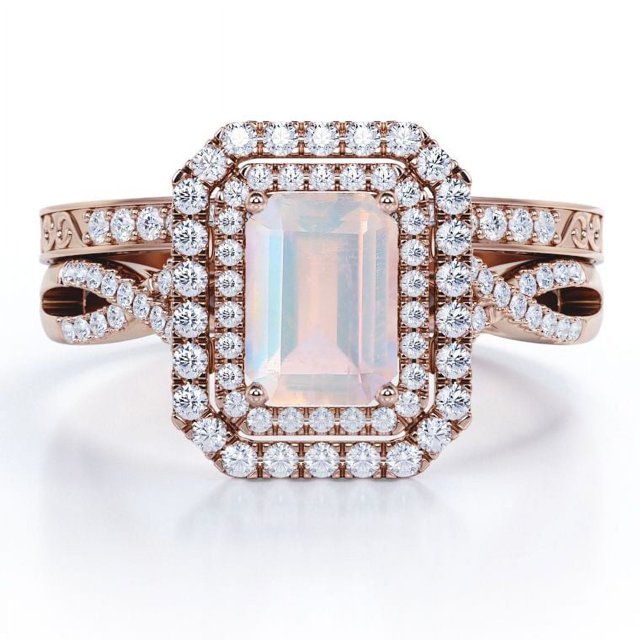 JeenMata Anillo de Bodas de Filigrana Art Déco con Halo de Infinito y Moissanita con Piedra Lunar Real de Corte Esmeralda de 1,5 Quilates - Chapado en Oro Rosa de 18 K sobre Plata