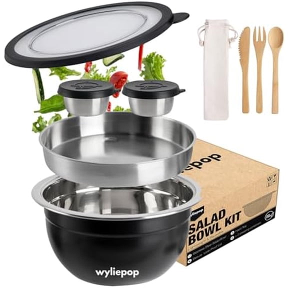 64oz Stainless Steel Salad Bowl Kit & 3Pcs Bamboo Cutlery Set with 2x Condiment Containers, Insert Tray, Bowl & Leakproof Lid - Salad Bowl To Go Lunch Portable Reusable$$Home Decor, Kitchen, & Other