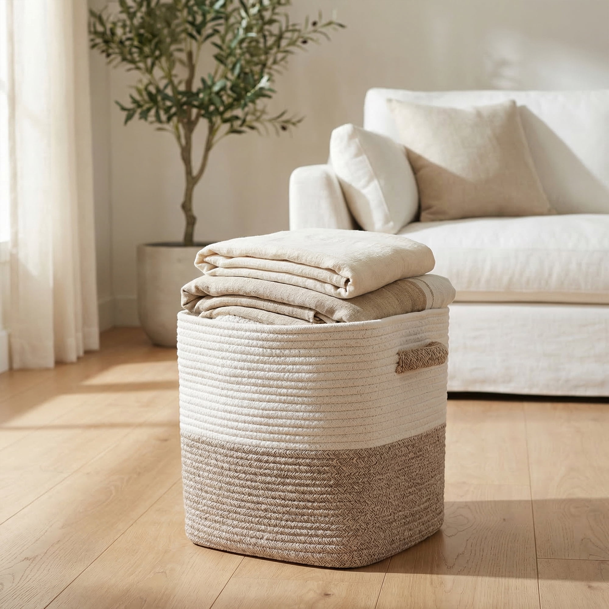 Unique Bargains Woven Storage Basket Shelf Closet White Coffee 11*11*11in