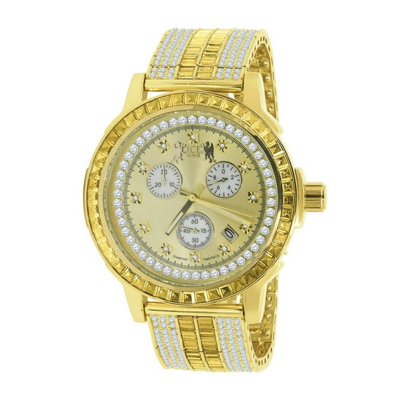 Canary Gold Tone Stainless Steel Iced Out Bezel Simulated Diamond Adjustable Band Mens Watch W/Date