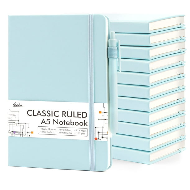 Feela Paquete de 12 cuadernos, cuadernos a granel de tapa dura, diarios clásicos con rayas y portalápices para mujeres y niñas, útiles escolares para negocios con 12 bolígrafos negros, 120 g/m², 5,1 x