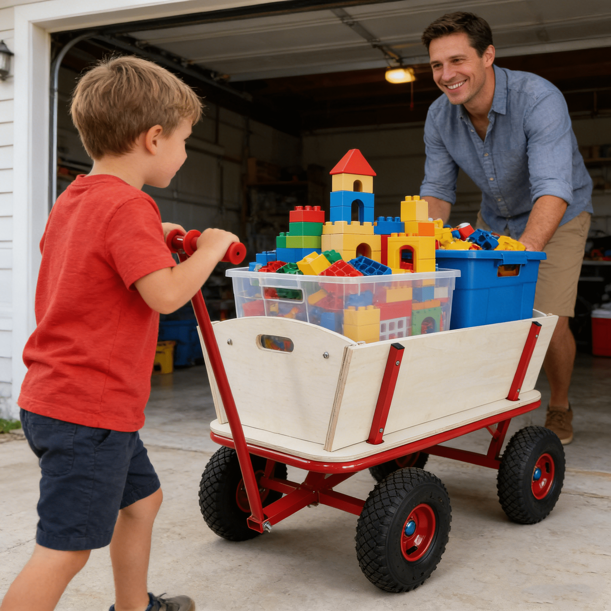 Outdoor Wooden Wagon Stroller 260LBS Load Capacity Four-Wheel Utility Cart with Red Metal Frame Light Wood Cargo Box for Garden Park Picnic Toy Transportation