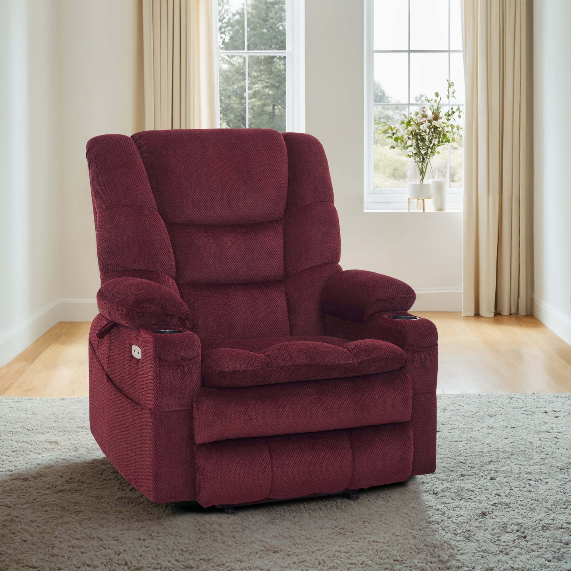 MCombo Oversized Triple Motor Power Lift Recliner with Adjustable Headrest for Big Tall Elderly, Fabric(Burgundy, Large-Wide)