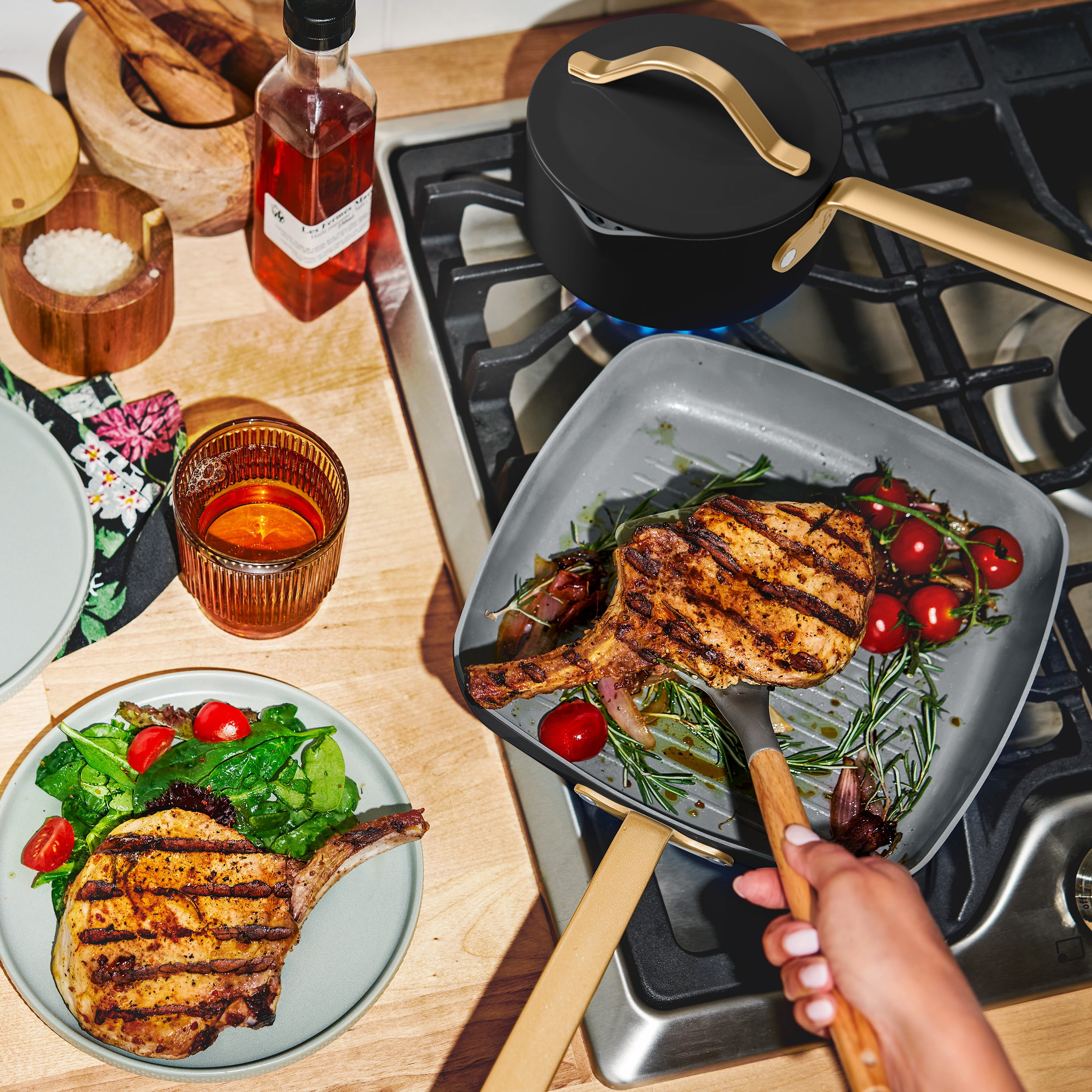Beautiful 18-Piece Ceramic Nonstick Cookware Set, Pots & Pans with Strainer Lids & Kitchen Utensils, Black Sesame by Drew Barrymore