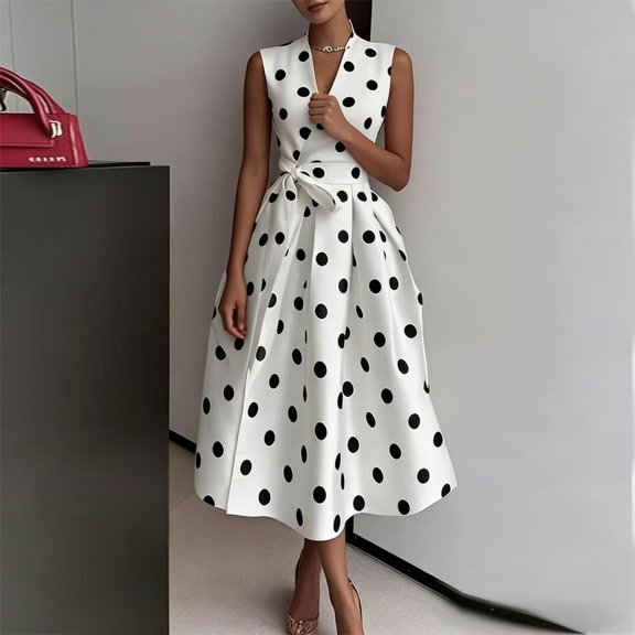 Morttic Women's Elegant Vintage Polka Dot Midi Dress – Sleeveless Wrap V Neck Waist Tie Flowy A-Line Summer Vacation Dress White,S