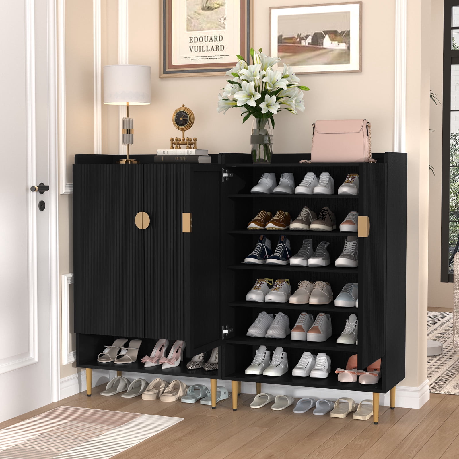 CBJCBJ 7-Tier Shoe Cabinet Storage with 2 Door and Adjustable Shelves Wood Shoes Rack for Entryway, Black