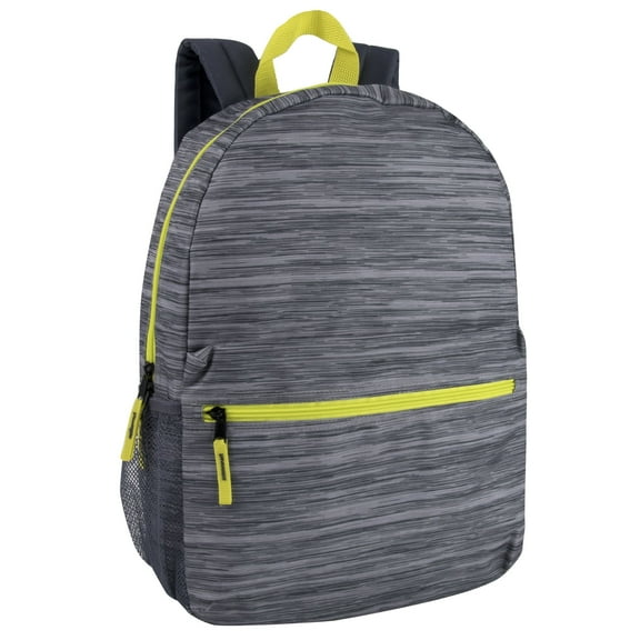 17 Inch Backpack with Front Zippered Pocket and Side Mesh Pockets for Travel and Commute in Heather Gray with Neon Green Zippers