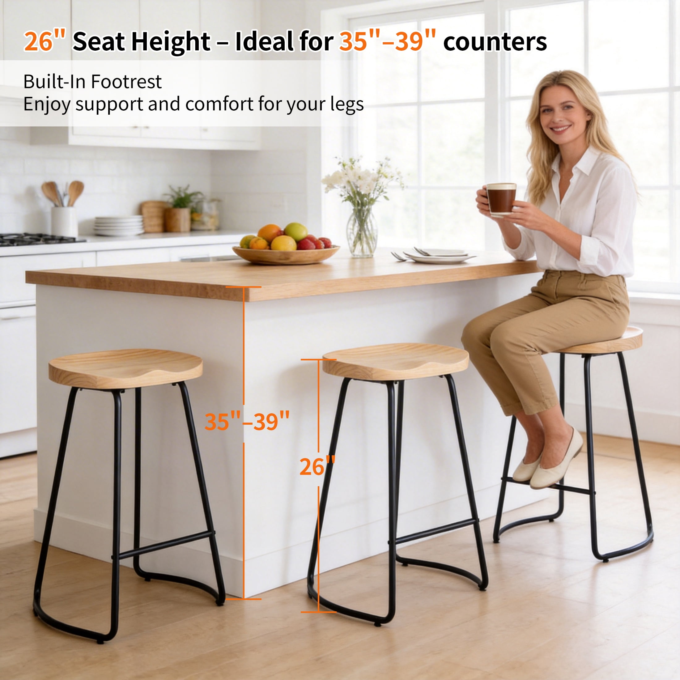 FIRAVOE Counter Height Bar Stools (Saddle Seat Backless) Barstools Set of 4, 26" Rustic Wooden Counter Stools Kitchen Stools