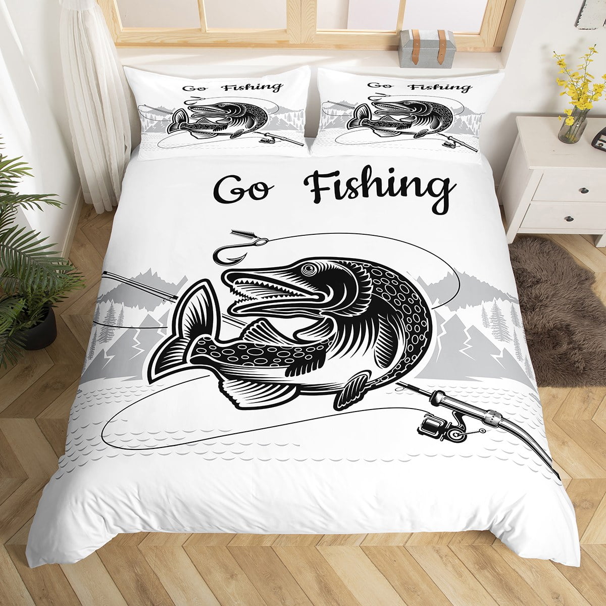 Pike Fish Bed Sets Bass Big Fish Duvet Cover, Hunting Theme Bedding Set  Full Go Fishing Print Comforter Cover, Sealife Animal Bed Cover Rustic  Farmhouse Decor, Black and White 