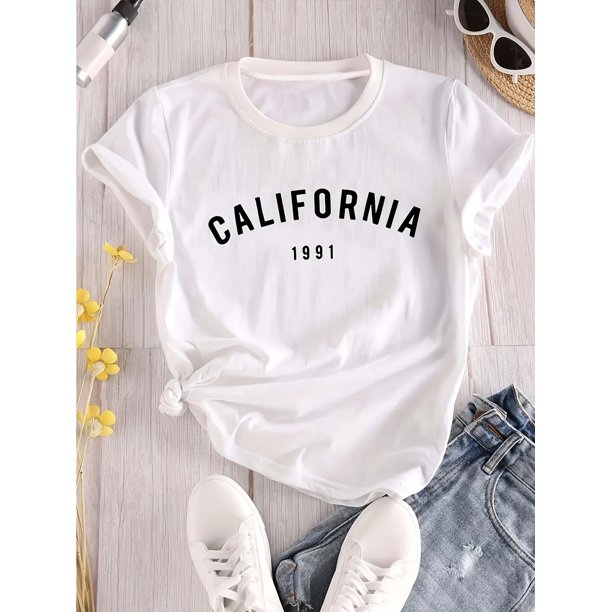 Women'S Plus Size Casual T-Shirt, California 1991 Graphic Print, Short Sleeve Crew Neck, Cotton Knit Fabric, All-Season Top, 180gsm - Summer & Spring Fashion