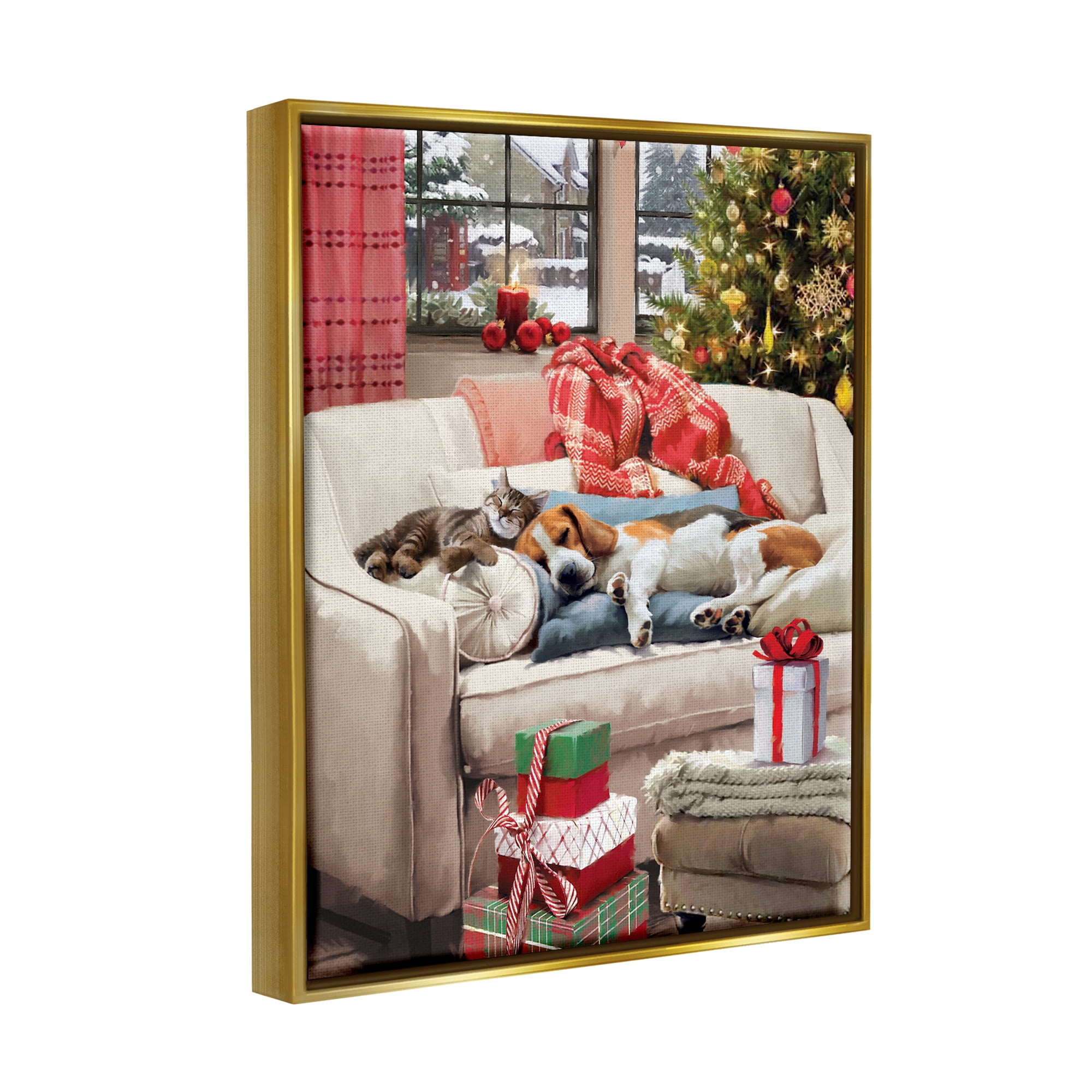 Stupell Industries Pets on Holiday Couch Holiday Painting Gold Floater Framed Canvas Art Print Wall Art, 25 x 31
