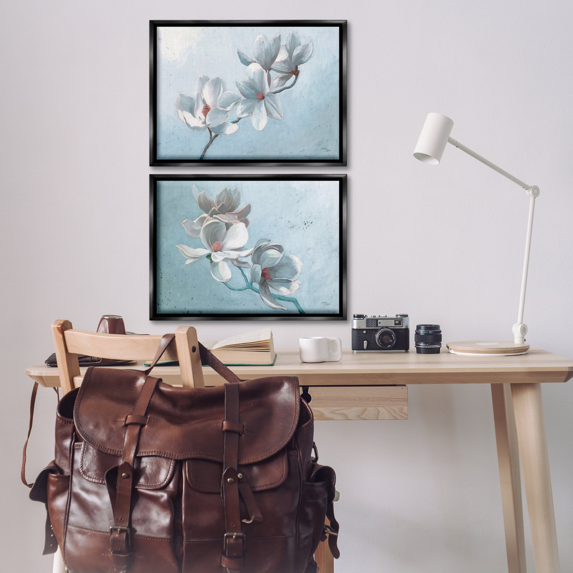 Stupell Industries Single Magnolia Branch Blossoms Plants & Flowers Painting Black Floater Framed Canvas Art Print Wall Art, 25 x 17, Set of 2