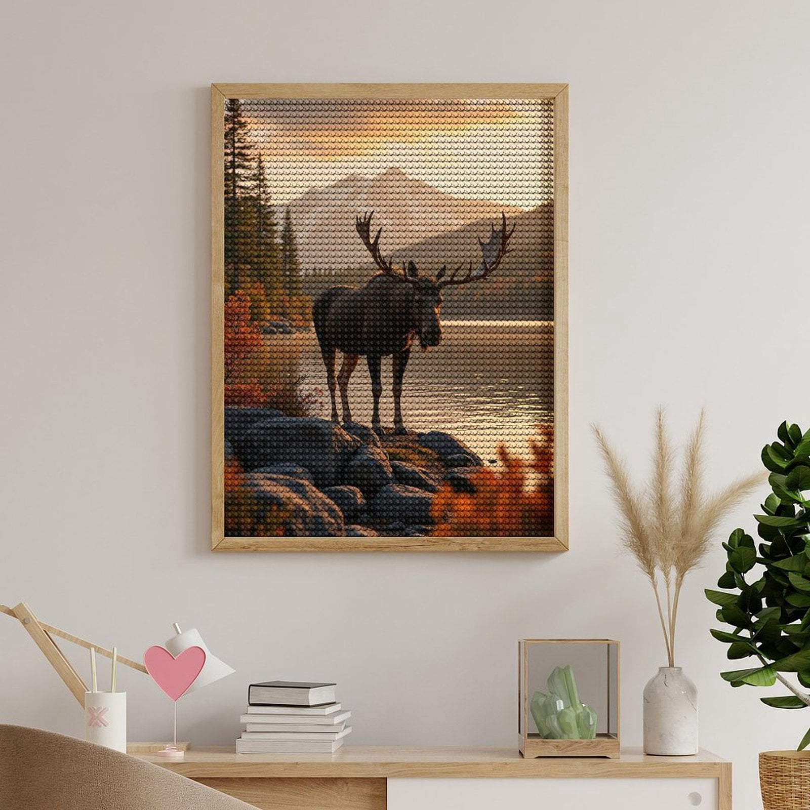 Diamond Art Kit for Adults, Moose In Mountain Lake Sunset Diamond Painting for Adults Beginners, 5D DIY Diamond Art Painting Kits, Colorful Diamond Painting Craft for Home Decor 12x16
