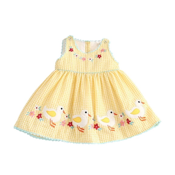 Toddler Girl Cartoon Duck Embroider Dress Summer Princess Dress Baby Duckling Patch Embroidered Sleeveless Dress for 0-7 Years Old