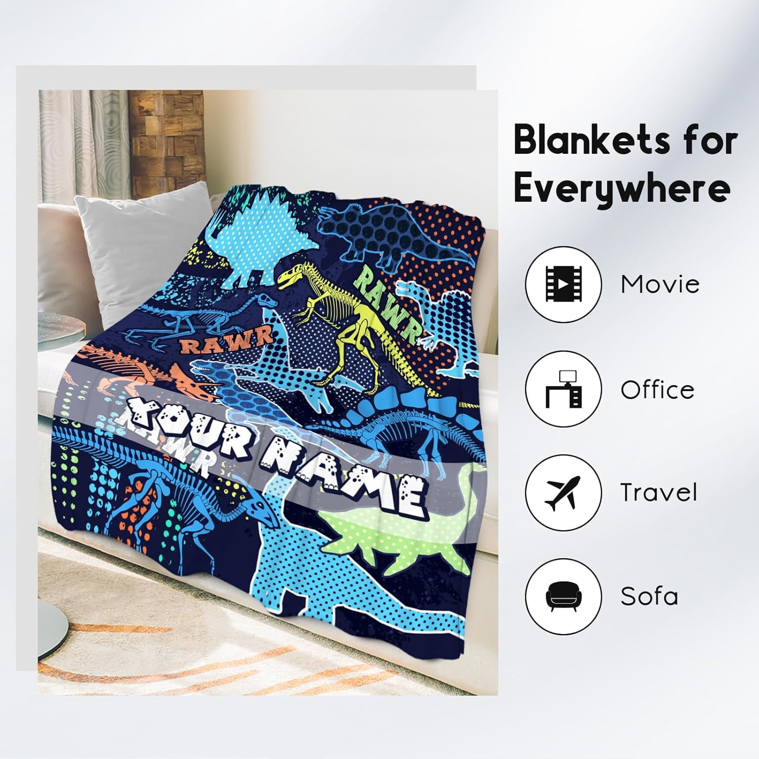 Custom Dinosaur Blanket with Name for Boys, Personalized Dinosaur Gifts for Boys Kids, 60"x80" Kids Blankets for Boys Son, Dinosaur Throw Blanket for Living Room, Soft Fluffy Throw Blanket