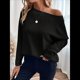 thumbnail image 4 of Camiseta de Punto de Otoño con Cuello Redondo y Hombros Descubiertos para Mujer, Larga Negro L, 4 of 7