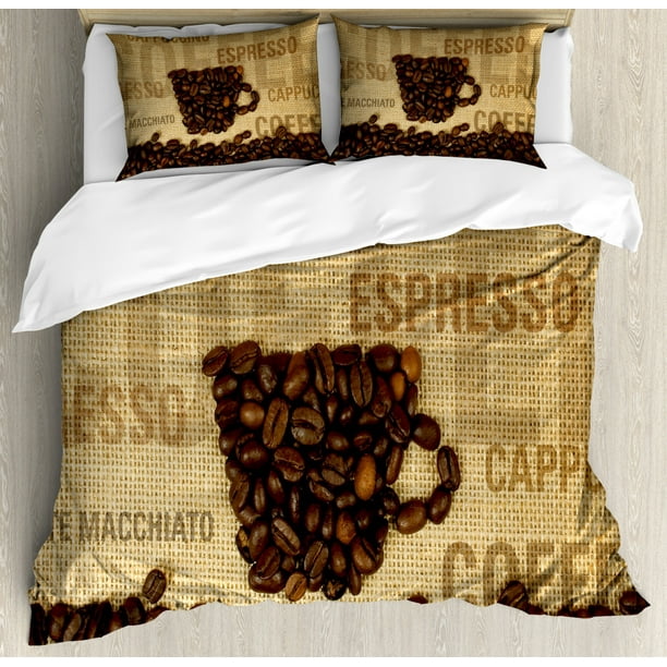 Coffee Duvet Cover Set Queen Size, Coffee Beans Shaped in Mug and Coffee Types Letterings Art