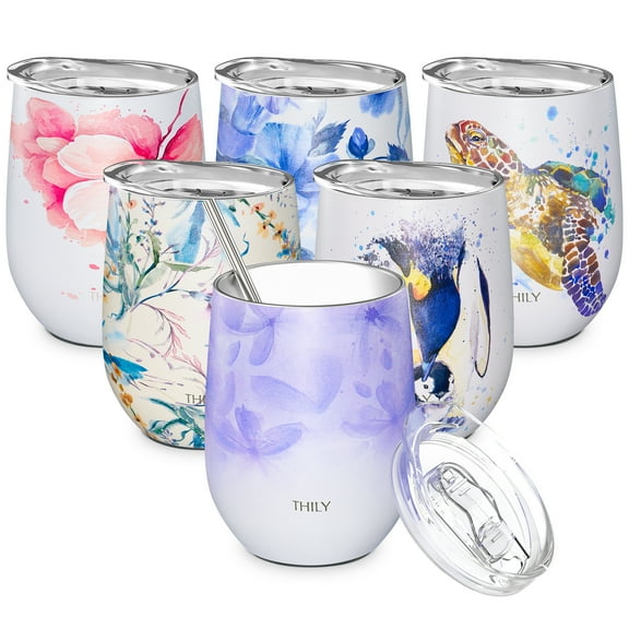 Stainless Steel Insulated Wine Tumbler - THILY Stemless Wine Glass with Lid and Straw, Splash-proof, Cute Travel Cup for Coffee, Cocktails, for Women, Mother, Wife, Girls, Violet Leaves