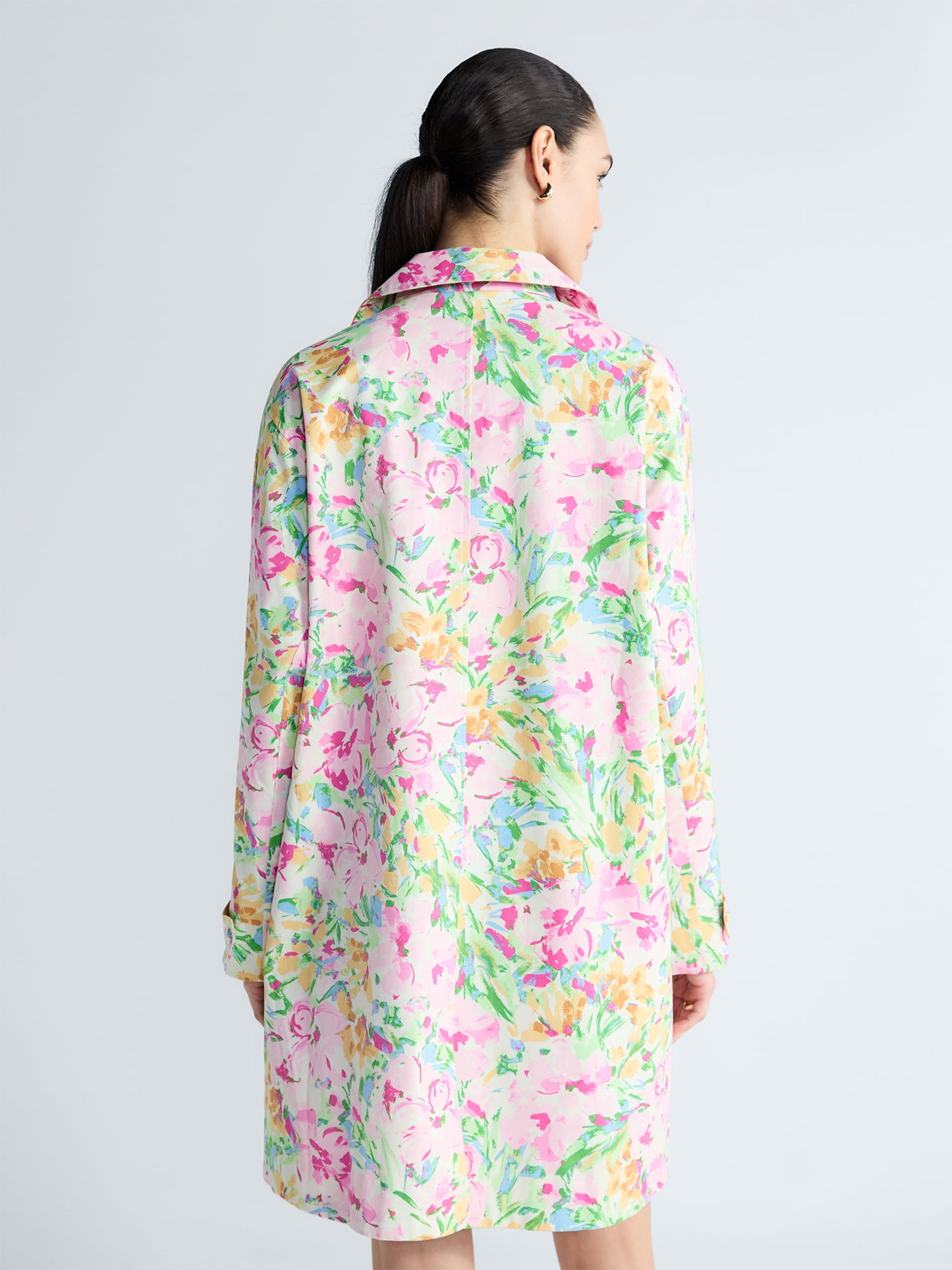 Free Assembly Women's and Women's Plus Floral Car Coat with Long Sleeves, Sizes XS-4X