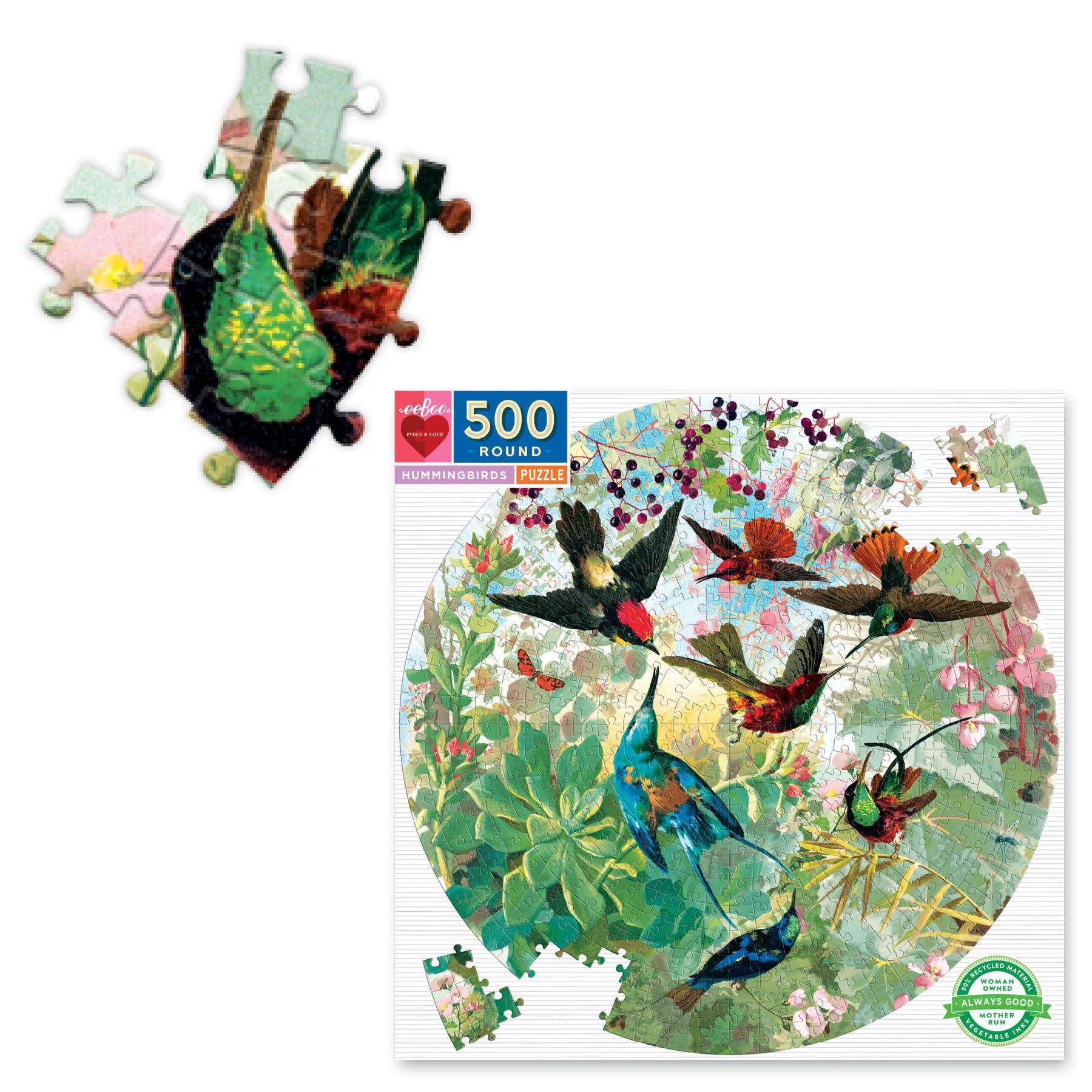 eeBoo Piece and Love Hummingbirds 500 Piece Round Circle Jigsaw Puzzle