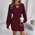 thumbnail image 2 of DHFJKG Womens Sweaters Dress Knit Jacquard Solid Color Notch V Neck Long Sleeve Bodycon Slim Fit Mini Sweater Dress Soft Dresses, 2 of 3