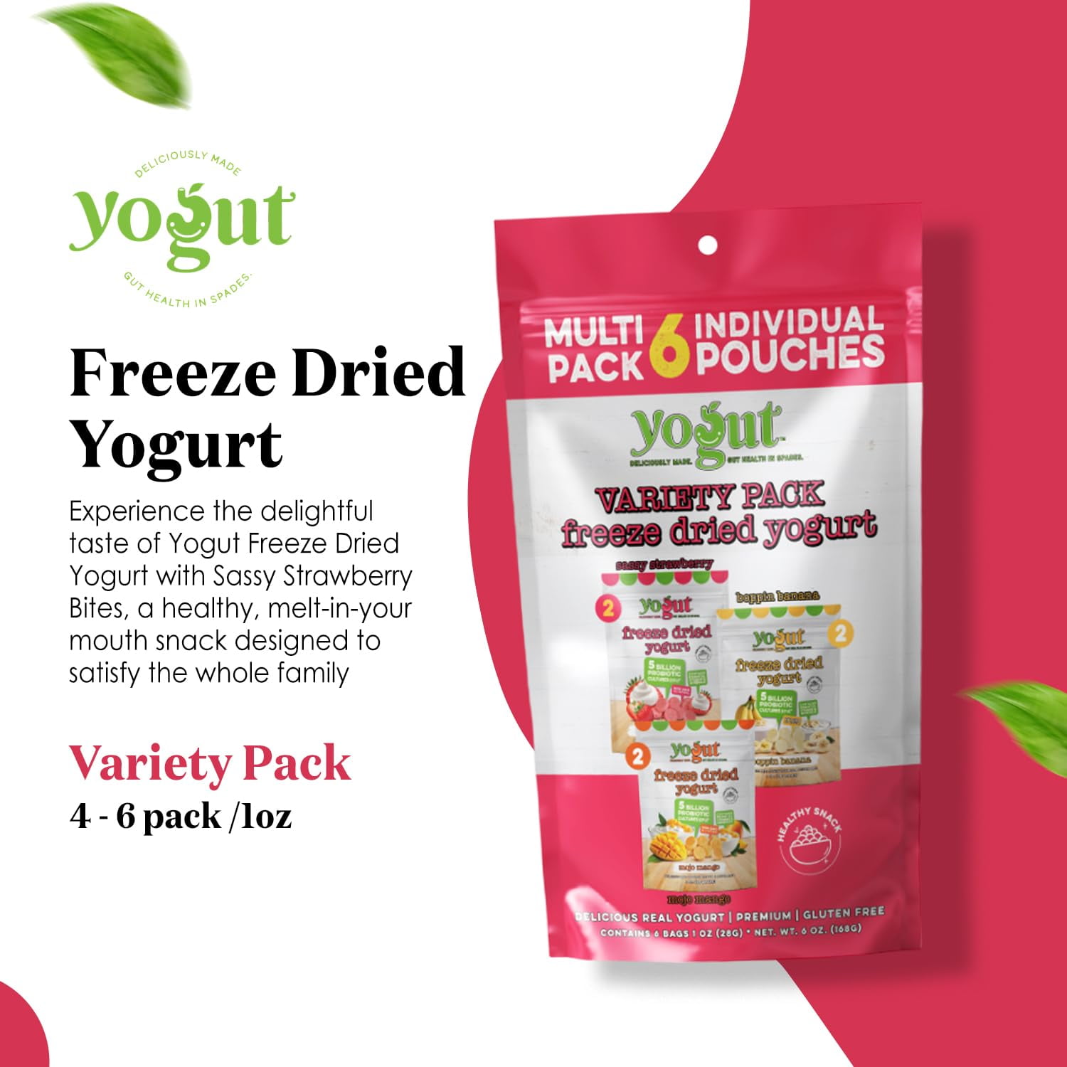Yogut Freeze Dried Yogurt Bites Variety Pack, Crunchy Texture, 6 Count, Gluten Free, Non-GMO, 5 Billion Probiotics
