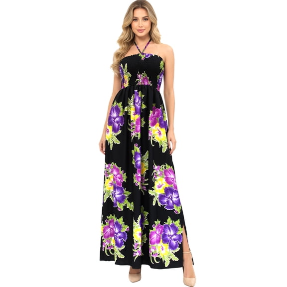 HAPPY BAY Women's Summer Boho A-Line Smocked Strapless Dresses Evening Long Tube Top Slit Maxi Beach Dress for Women One Size Purple, Floral