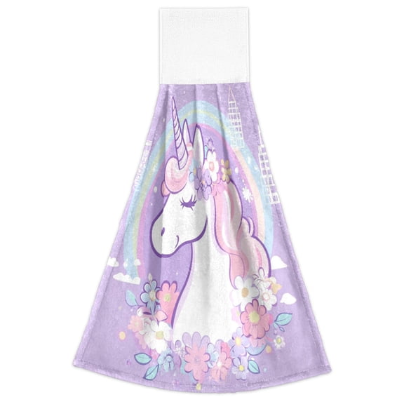WOBOGO Cute Unicorn Purple Pattern Hand Towel Set of 2 Absorbent for Kitchen and Bathroom With Velcro Hanging Loop 18.2×14in