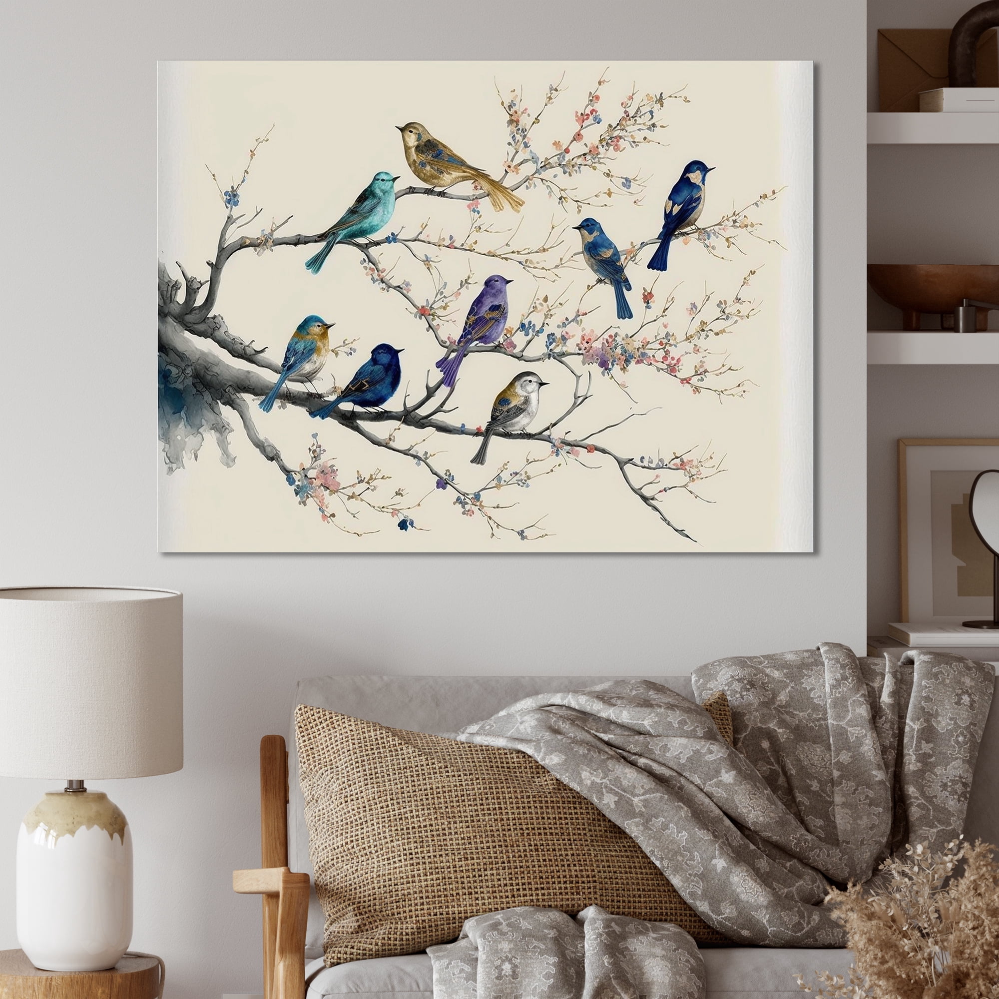 Designart Multicolor Birds On Plum Blossoms Tree IV Canvas Wall Art