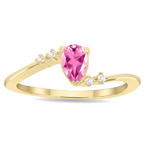 SZUL Women's Pear Shaped Pink Topaz and Diamond Wave Ring in 10K Yellow Gold