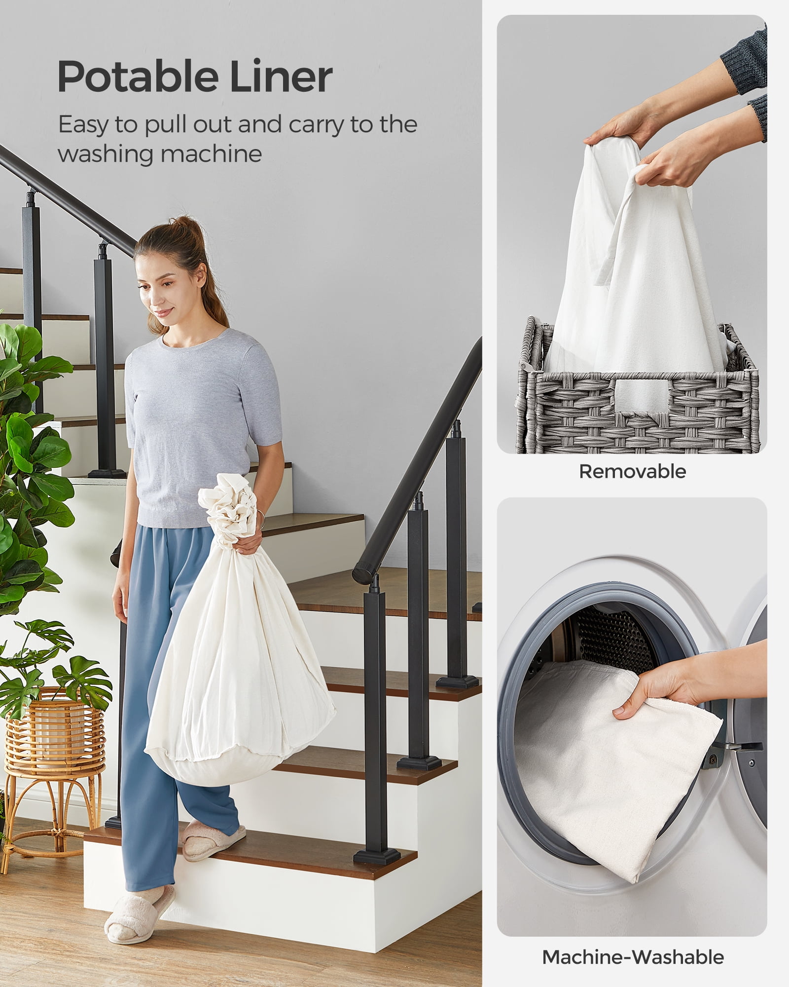 160L Laundry Hamper with Lid Rolling Laundry Basket with Wheels 3-Section Synthetic Rattan Laundry Hamper Removable Liner for Bedroom Gray