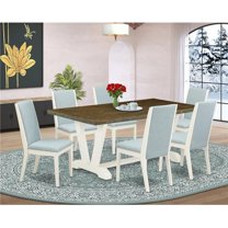 7 Piece V-Style Dining Room Table Set - Wirebrushed Linen White, Distressed Jacobean & Baby Blue