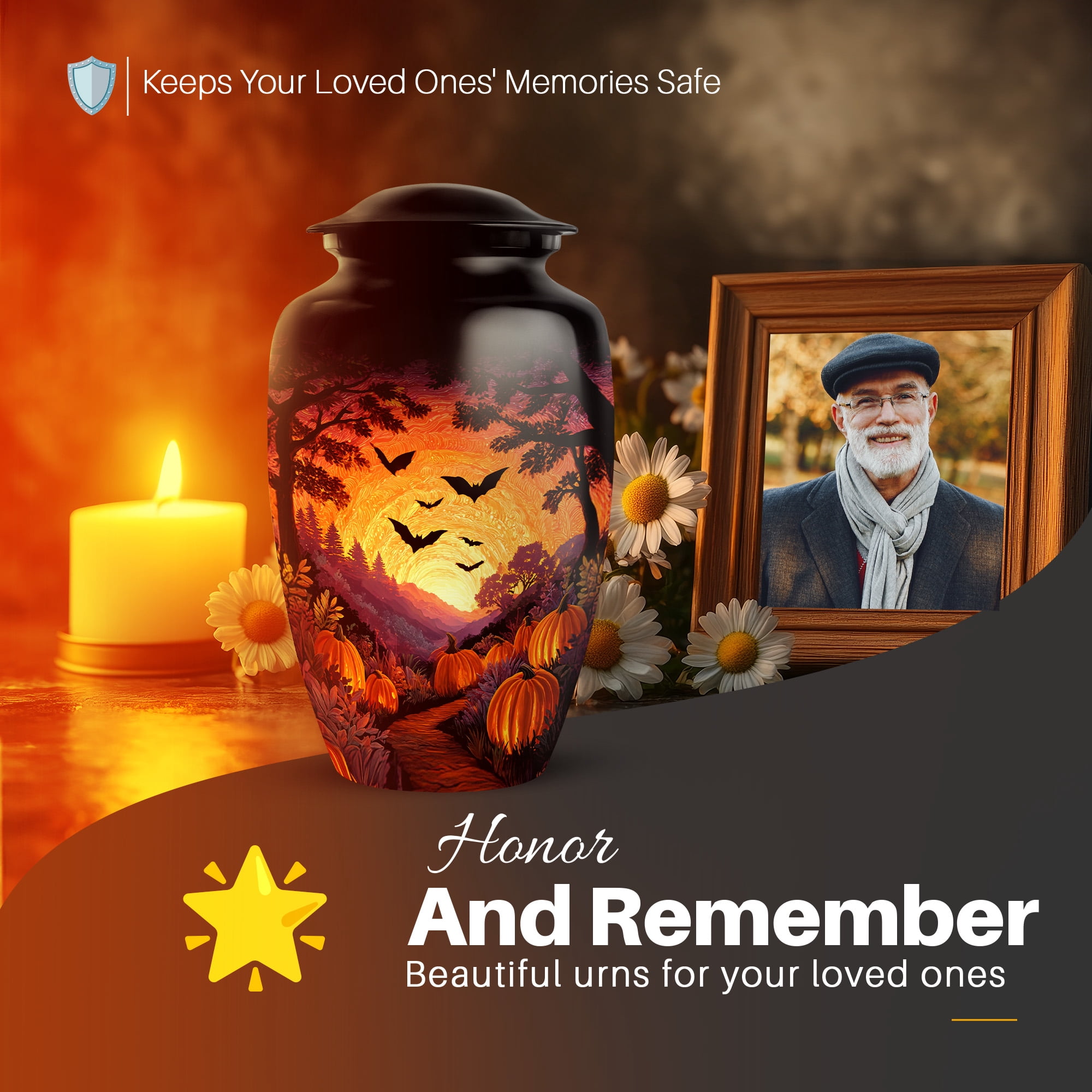 Yatskia Sunset Halloween Large Funeral Burial Urns for Human Ashes Adult Brother and Sister, Small Urns for Human Ashes Keepsake Adult Male and Female, (Classic 10 Inch and 3 Inch)