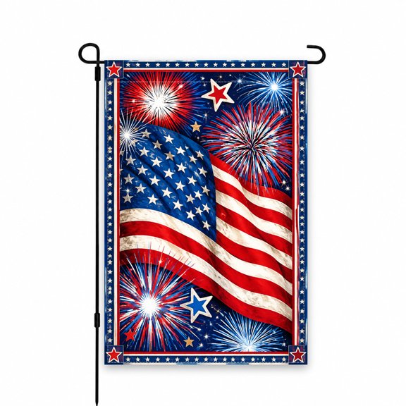 Patriotic Garden Flag 12x18 Inch with American Flag and Fireworks Design, Red White Blue Outdoor Decor for Yard, Lawn, Patio, Porch, July 4th Celebration