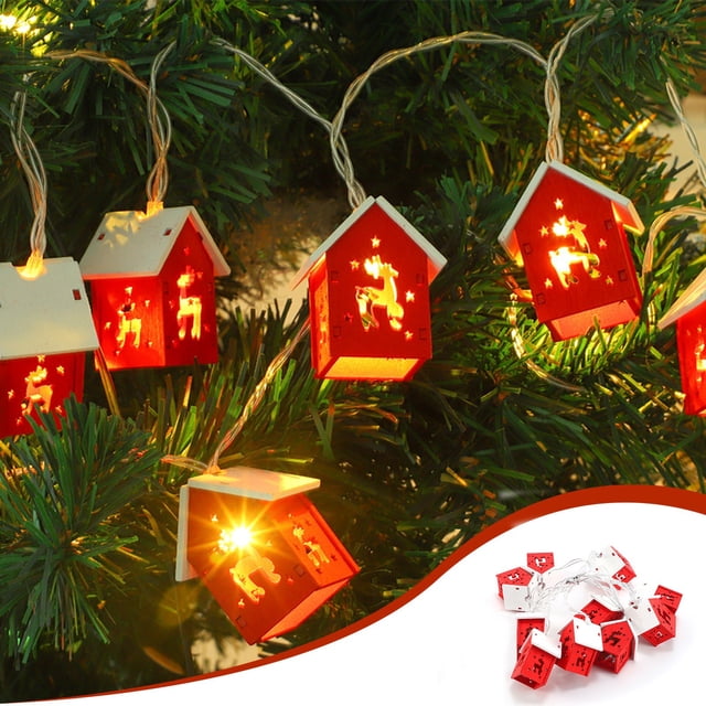 Xihbxyly Guirnalda de Luces Navideñas, Diseño de Casa de Madera, Renos Tallados, Luces Led Blancas Cálidas, Decoración Festiva para Interiores y Exteriores, Alimentación Por Batería o Usb, 2 M de Lar