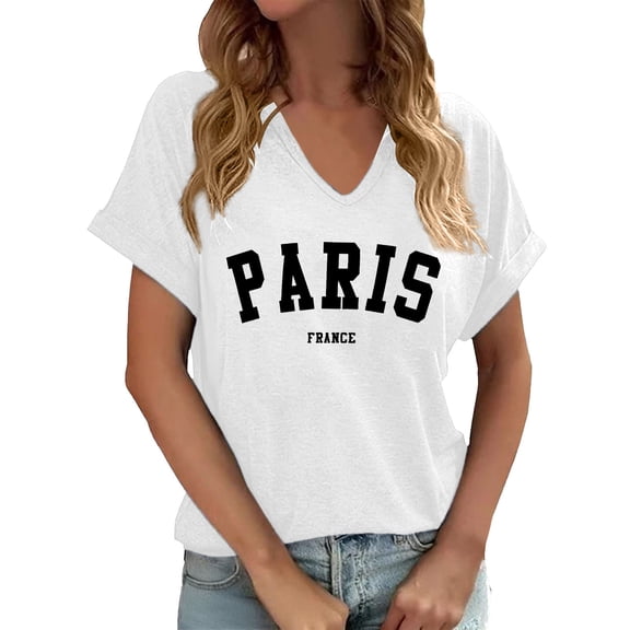 Bibifish Women's Tshirts Short Sleeve V-Neck Paris Print Graphic T-Shirts Solid Color Loose Fit Tees Tops For Summer Casual