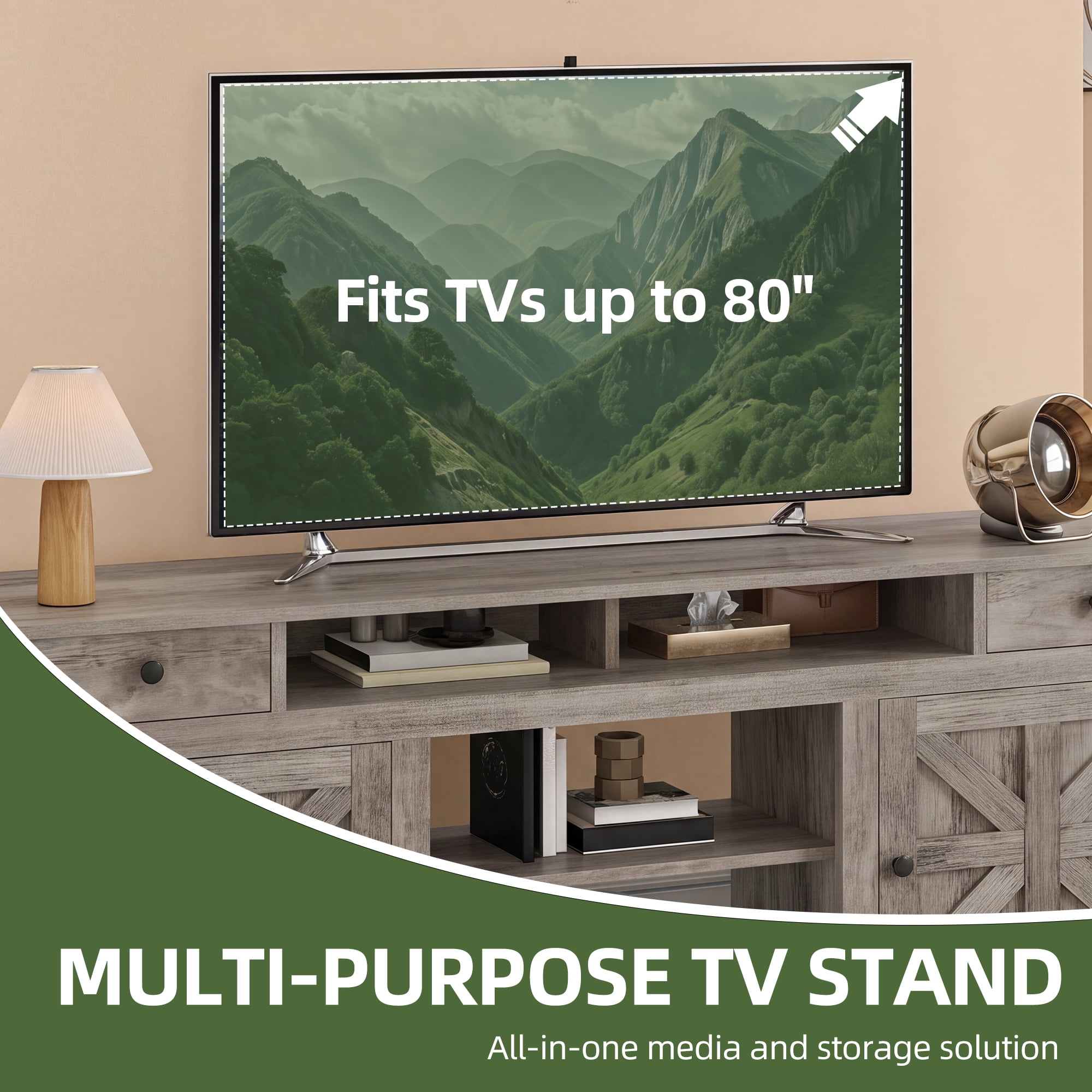 Uforic 70 Inch Modern Farmhouse TV Stand for 75/80 Inch TV with Built-in Power Outlets, 2 Cabinets & Open Compartments for Living Room, Gray