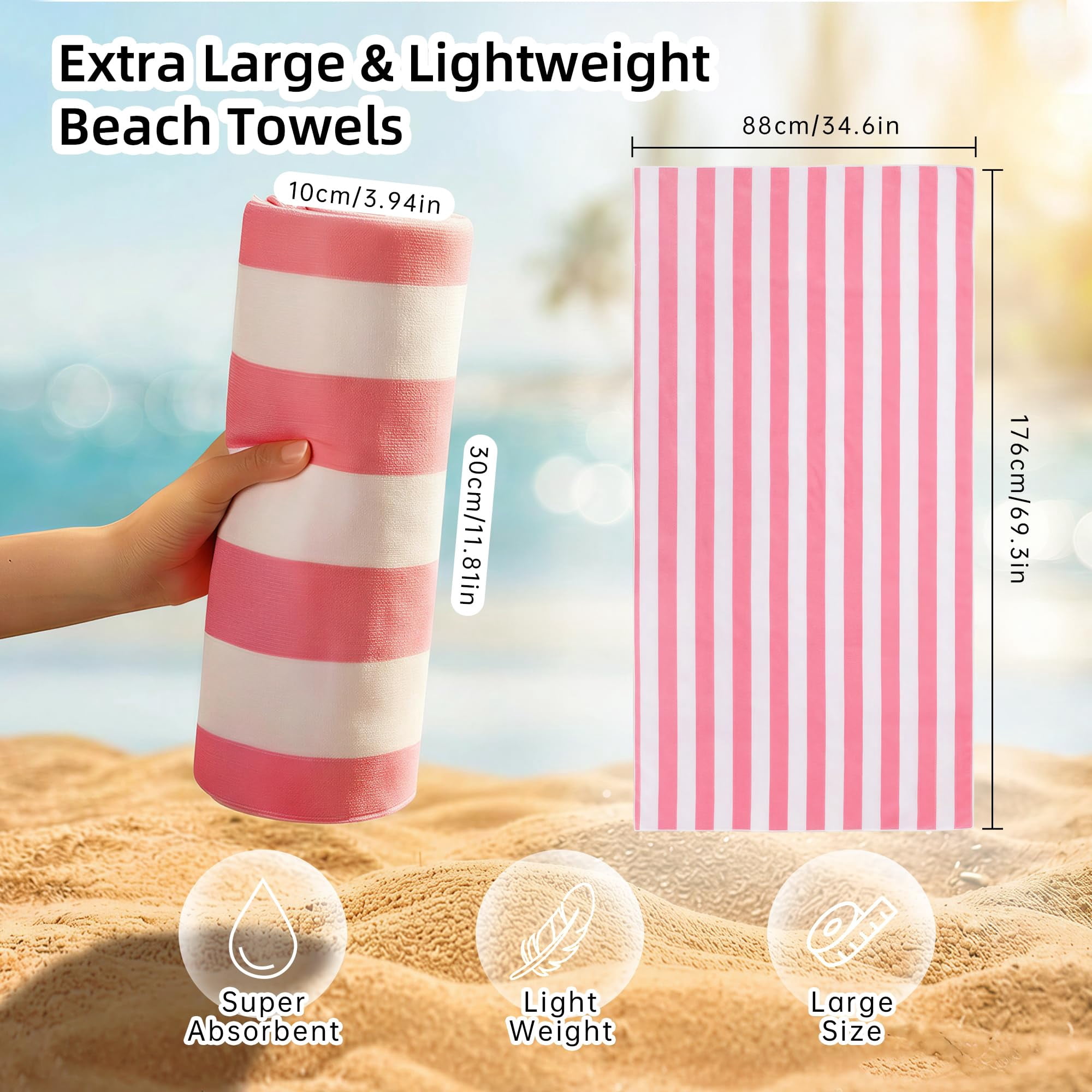 JOYMOOP 3-Pack Microfiber Beach Towel Set – 70" x 35.4" Ultra-Absorbent Beach Towels Oversized, Sand-Free & Portable, Quick-Dry Cabana Stripe Towels with Travel Storage Bags (Hot Pink & White)