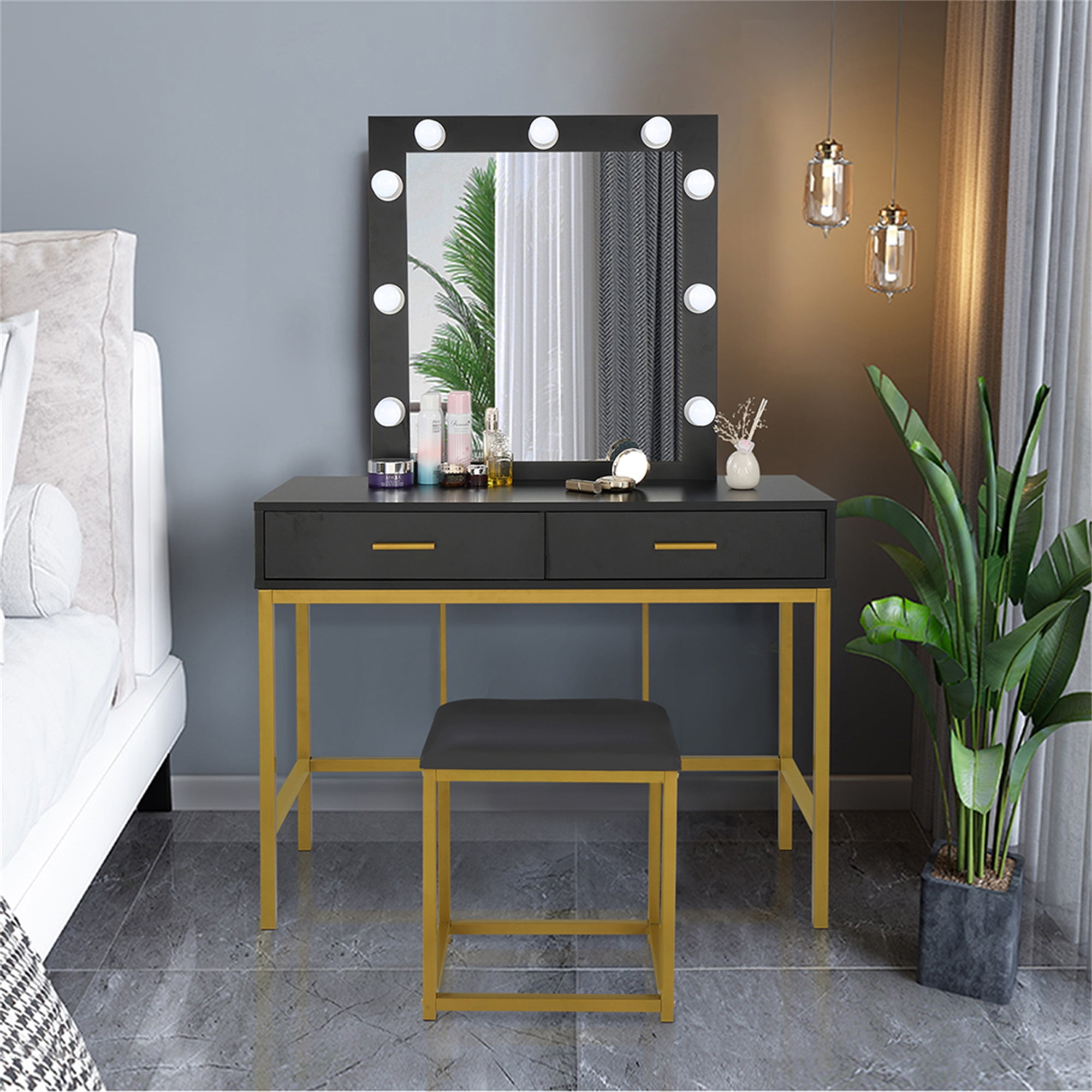 Kadyn Vanity Table and Chair Set, Make Up Vanity Desk with 2 Drawers, Makeup Vanity Table, Black