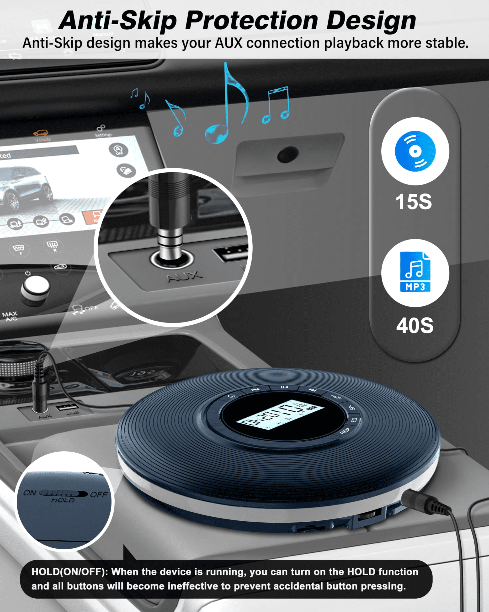Greadio Portable CD Player, 1000mAh Disman CD Player for Car, Battery Powered Personal CD Music Player with Headphones Jack, Aux-Out Cable/TF Slot, LCD Display, Anti Skip for Home