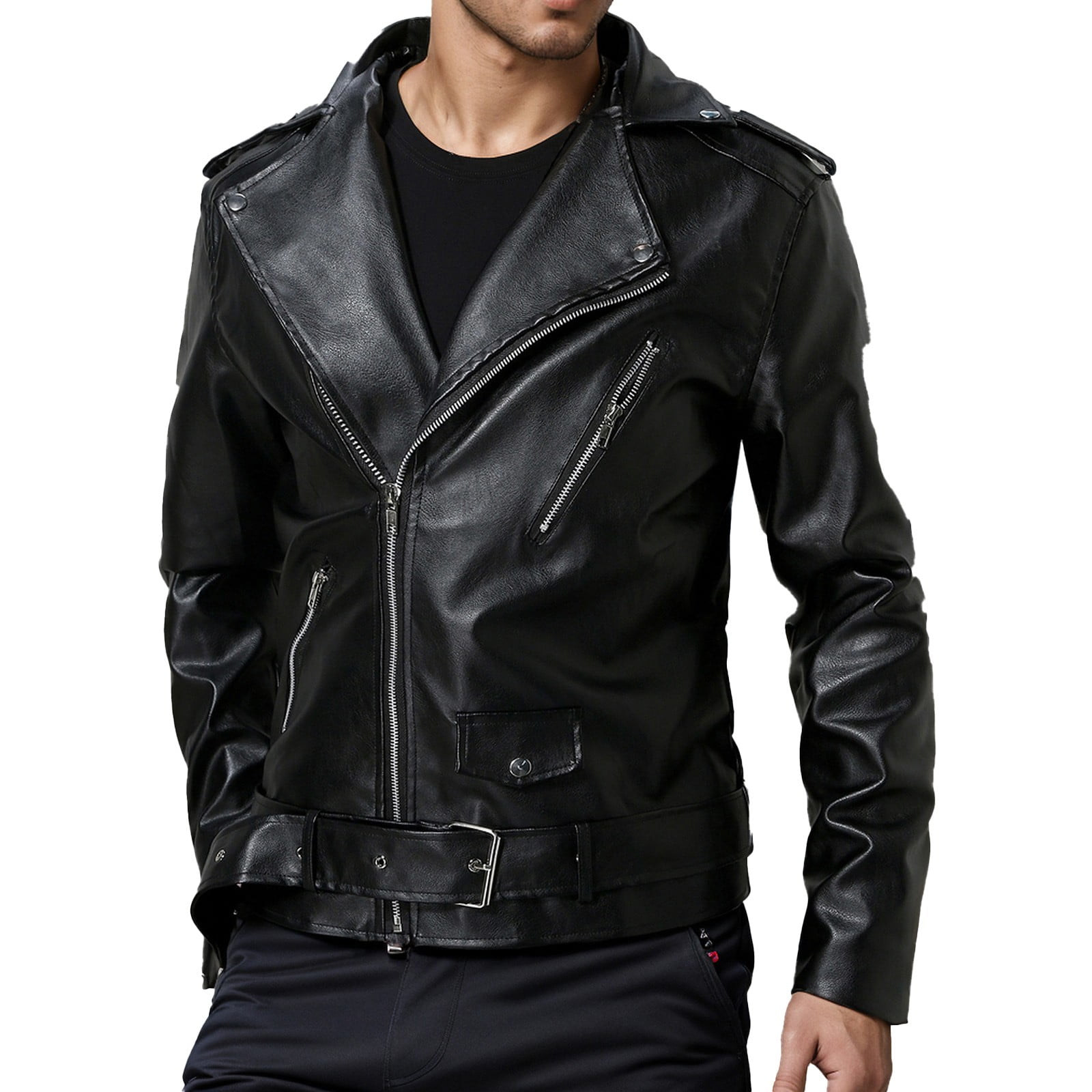 Maoxin Mens Leather Jacket Men's Collar Leather Jacket Casual Loose Men's Top Solid Color Long Sleeved Hooded Leather Jacket/Jackets for men Black M