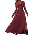 thumbnail image 2 of qolati Cocktail Dresses for Women Deep V Neck Long Sleeve Slit 2024 Fall Maxi Dress Elegant Formal Wedding Guest Evening Date Prom Long Dress Wine S, 2 of 5
