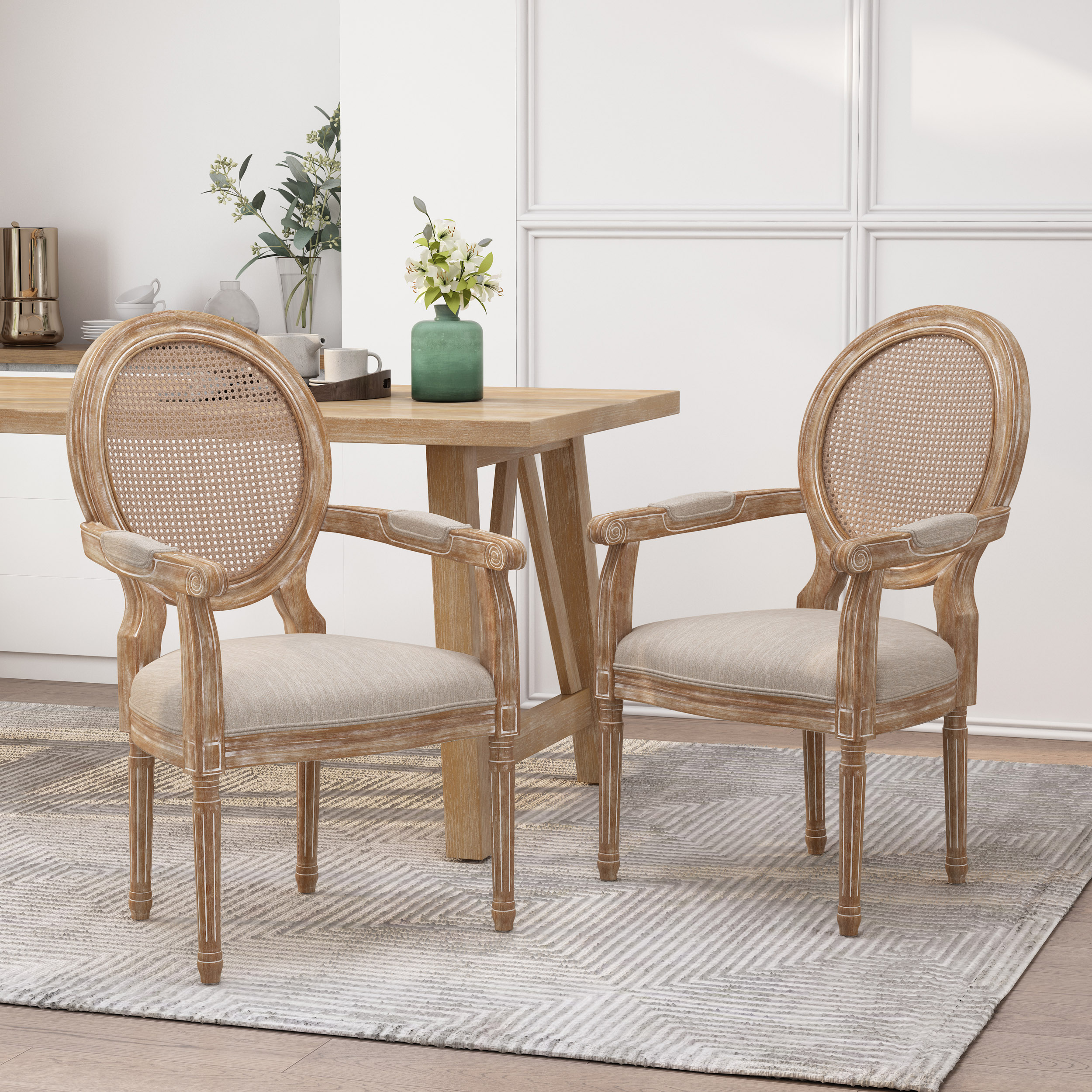 Noble House Huller Indoor French Fabric Upholstered Dining Chair, Set of 2, Beige